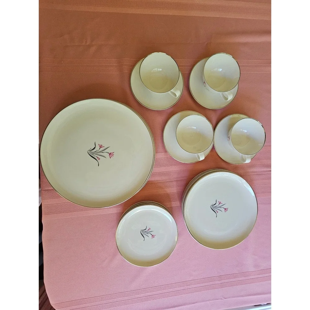 Syracuse China Alpine Pink Tulip 20pc Dinnerware Set 4 Place Settings Platinum
